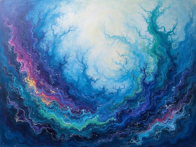 An abstract artwork. Swirling patterns in blue, purple, and green. Textured background. Colorful spikes and swirls intermingle. Dynamic composition with motion and depth.