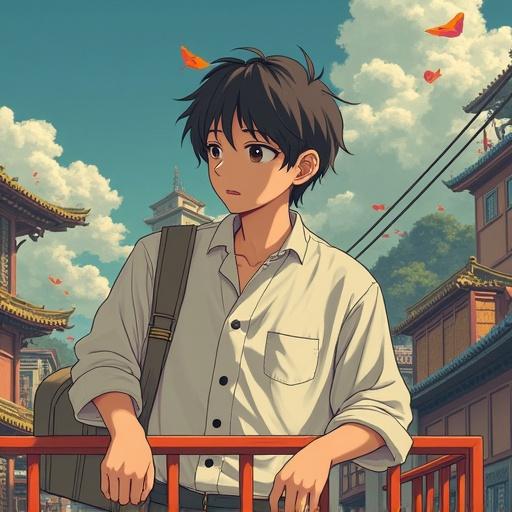 A young Japanese man in his 20s with a long face and short hair. He looks gentle and has a strong sense of justice. He stands outside with a traditional Japanese backdrop and butterflies in the air.