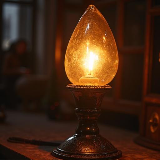 Close up of Argand lamp. Lamp from the side with a soft glowing light. Focus on the details of the lamp's base and glass shade.