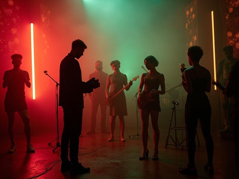 Performers preparing for a show in a vibrant, moody environment. Stage lights create an atmospheric backdrop. Creative setup captures the essence of nightlife.