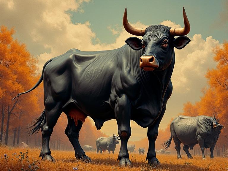 A muscular black bull poses in a rural setting. Cattle in the background with an autumn atmosphere. The scene features warm lighting and a dramatic sky.