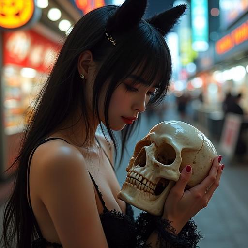 Photorealistic image of a young woman in Osaka. She embodies an underground idol style. Wearing a black cat cosplay, holding a skull. Scene is vibrant and dynamic. Very detailed with strong colors and lighting.