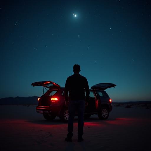 Man standing with back to open SUV door in darkness of night. Observing sky in desert location.