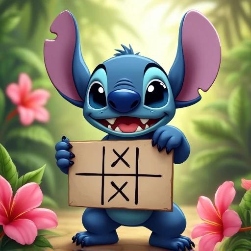 Stitch character with large ears holds blank Tic-tac-toe board. Colorful tropical flowers surround character. Stitch looks happy and excited. Bright lighting enhances cheerful mood.