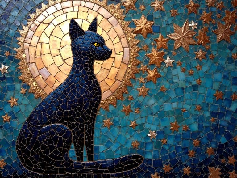 Mosaic artwork featuring a black cat silhouetted against a glowing circle with stars in an abstract style. Iridescent tiles create an ethereal quality. Encaustic mixed media enhances texture and depth.