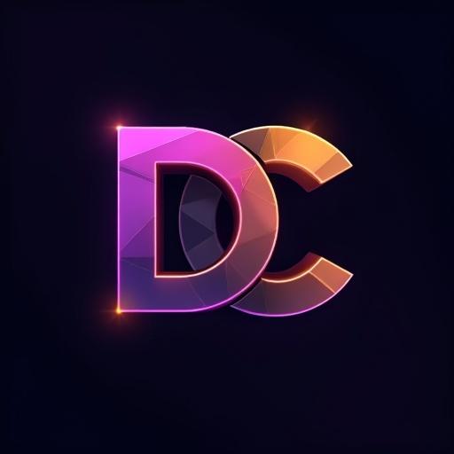 Create a logo for digital creative. Use high tech font. Colors are purple, gold, black, white. Emphasize intertwined letters D and C. Use sleek futuristic font. Make letters bold and slightly glowing. Colors are vibrant and neon. Include geometric elements. Focus on AI automation. Show soft gradients with glowing effect. Letters flow in a continuous line with 3D effect. Color transitions from purple, black, gold to white.