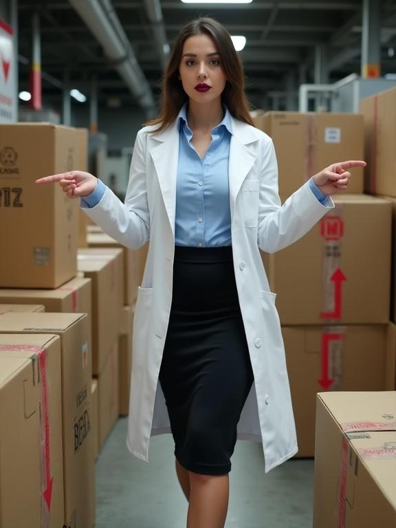 Photograph of a woman in a warehouse wearing a lab coat over a light blue shirt and black pencil skirt. She points with her right hand forward and left hand to the right. Dark lipstick and confident expression. Surrounded by cardboard boxes with red arrows in a cluttered industrial environment.
