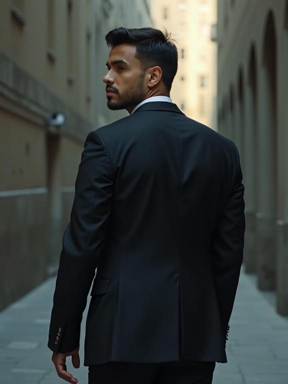 A handsome latino man wears a dark suit with a dark shirt. He walks away from the camera but glances back in a fearful manner. The setting is an urban alley with soft lighting. Focus on the man’s confident posture and the stylish suit.