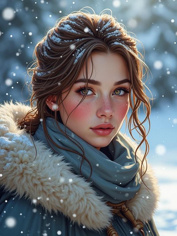 A young woman with rosy cheeks and snow-dusted hair. She wears a fur-lined cloak and looks directly at the viewer. Eyes sparkle with winter magic. Scene shows falling snowflakes with dynamic lighting and shallow depth of field.