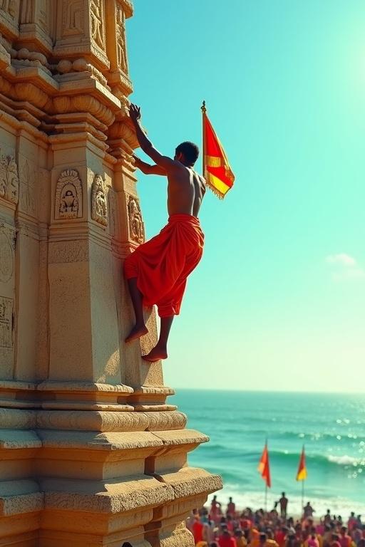 Brave devotee climbs 200-foot spire of Jagannath Temple in Puri during bright daylight. Clear azure sky with sunlight bathing temple in radiant colors. Vivid saffron and red robe, bright flag tucked under arm. Ancient stone spire with detailed carvings. Crowd of colorful pilgrims below, distant ocean glimmers.