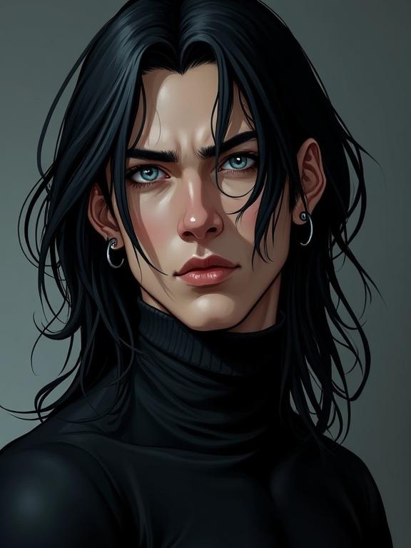 Bust of an attractive young man with long black hair and striking blue eyes. He has a lean muscular build, dressed in a black high-neck pullover. Multiple piercings decorate his ears. The lighting is dramatic with deep shadows, styled in a 2D comic way.