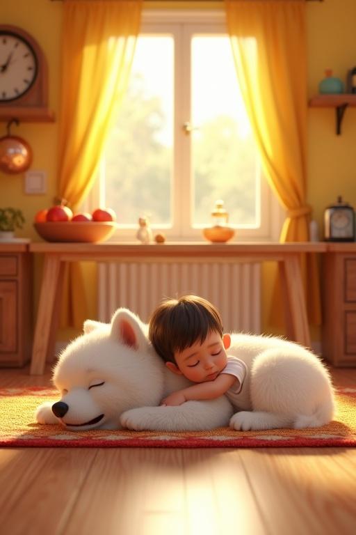 3D animated family scene in a cozy kitchen. Warm evening sunlight pours through the window. A small child and a fluffy white dog lie on a colorful rug. They are peacefully napping together. The child's hand rests on the dog's back. A lively yellow kitchen with a bowl of red apples and fresh-baked cookies creates an inviting atmosphere. Glowing golden light enhances the love in this moment.