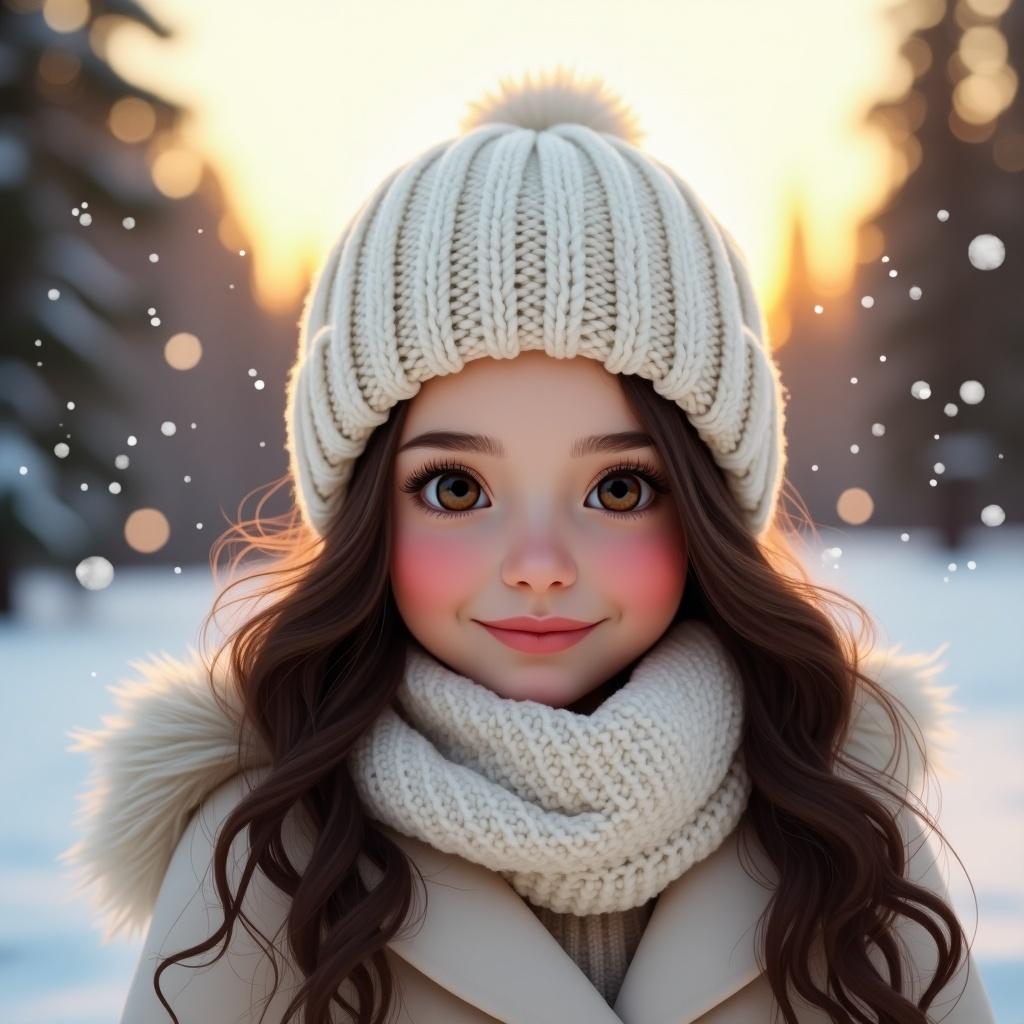 Girl with hazel eyes and long lashes wears a cream hat and scarf. She has dark brown wavy hair, a white coat, and rosy lips. Snowflakes fall in a snowy landscape. Tall pine trees and a golden sunset are in the background.