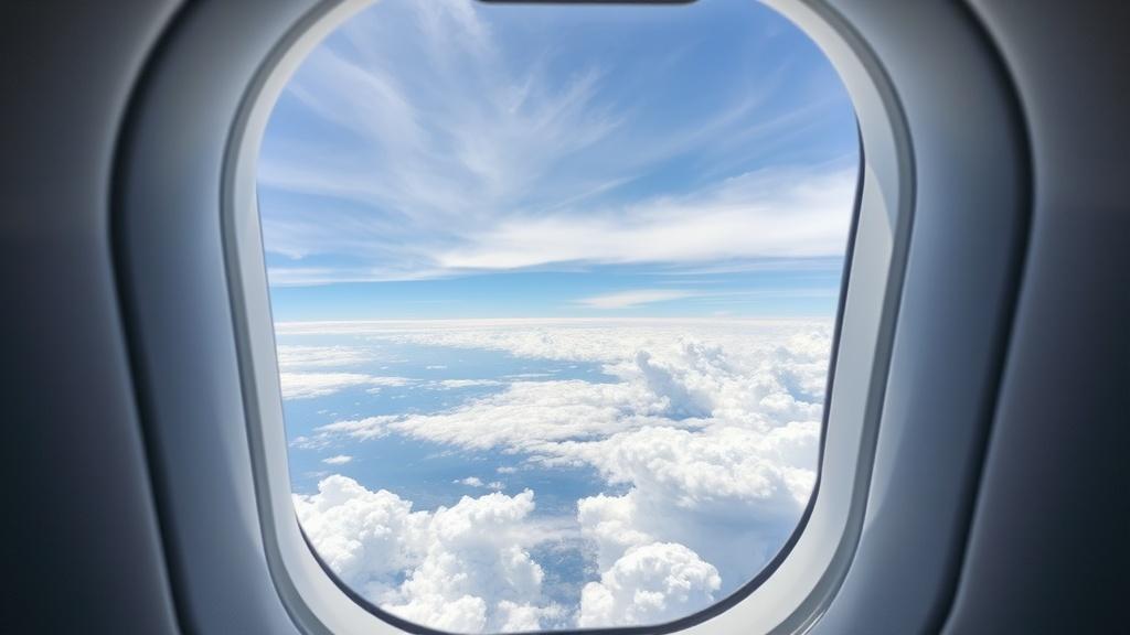 View from an airplane window showing fluffy clouds and a blue sky.