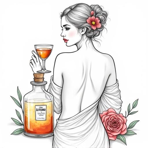 Highly detailed line art of a goddess in her mid-thirties. Portrait of a woman offering a toast with a cocktail glass. She wears a translucent silk wrap. A flower is behind her ear. Golden-reddish lips. A lower apothecary bottle rests nearby. The bottle has a golden-reddish glow. Its contents shimmer. A cork lid is on top. A simple tag displays 'ALFRUNO'. Surrounding the bottle are roses and green herbs.