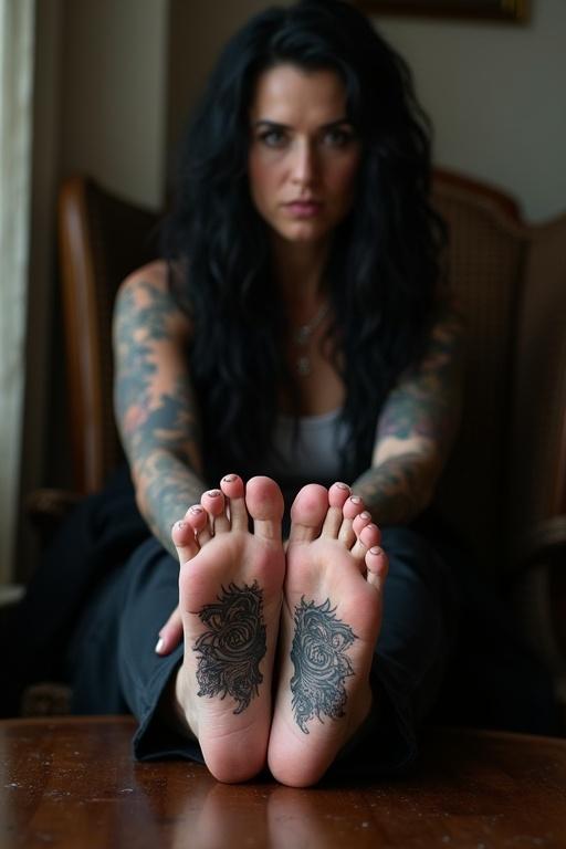 Mature goth woman with long black hair shows tattoos on soles of bare feet. Five toes visible on each foot. Sitting on chair with feet on table. Tattoos visible clearly.