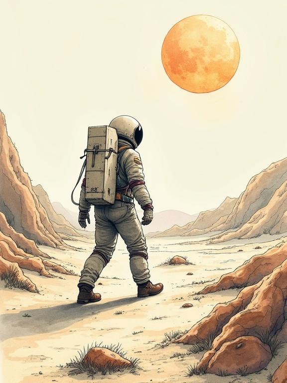 Human walking in outer space on a desert-like planet. Hand-drawn illustration in fine ink pen style with expressive lines. Features subtle shading and detailed natural forms. The composition is organic and elegant with a vintage illustration aesthetic. Colors are natural with soft watercolor touches.