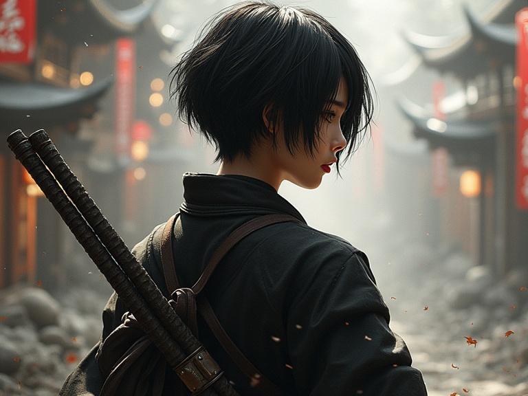 A dark-themed image featuring a beautiful Japanese ninja with short black hair. The ninja stands in a traditional Japanese setting, showcasing her full body while holding a sword, with a misty atmosphere and red lanterns in the background.