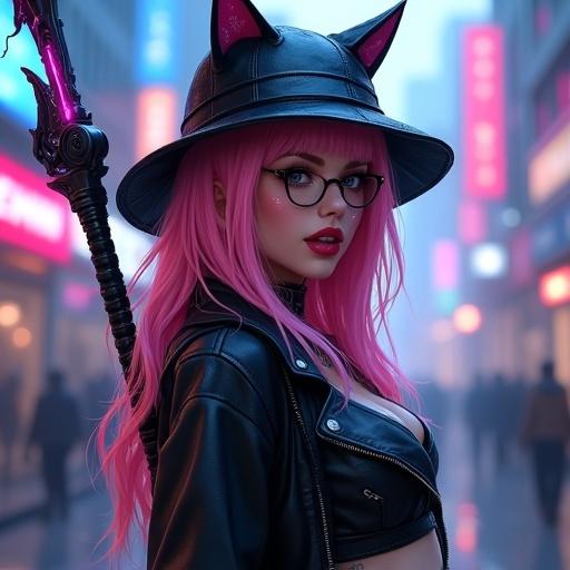 Female warrior in cyberpunk outfit with long pink hair and black winter hat with cat ears. Leather jacket off one shoulder, bikini mix outfit, and gothic boots. Features round glasses, red lipstick, and cute expression. Neon cityscape in rainy background, focus on her full body and details.