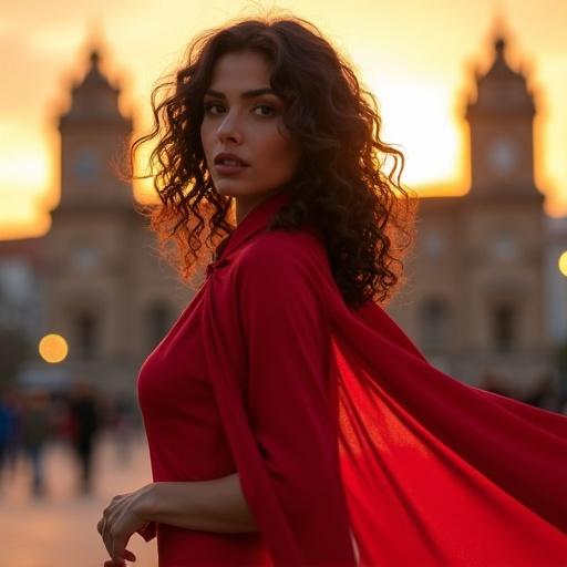 National Geographic style photograph featuring Argentine woman in Plaza de Mayo at sunset. Elegant pose in a red silk dress complemented by Argentina flag as a cape. Dark curly hair illuminated by golden hour light. Colonial architecture serves as an impressive backdrop. Close-up on the hands showcasing French manicure.
