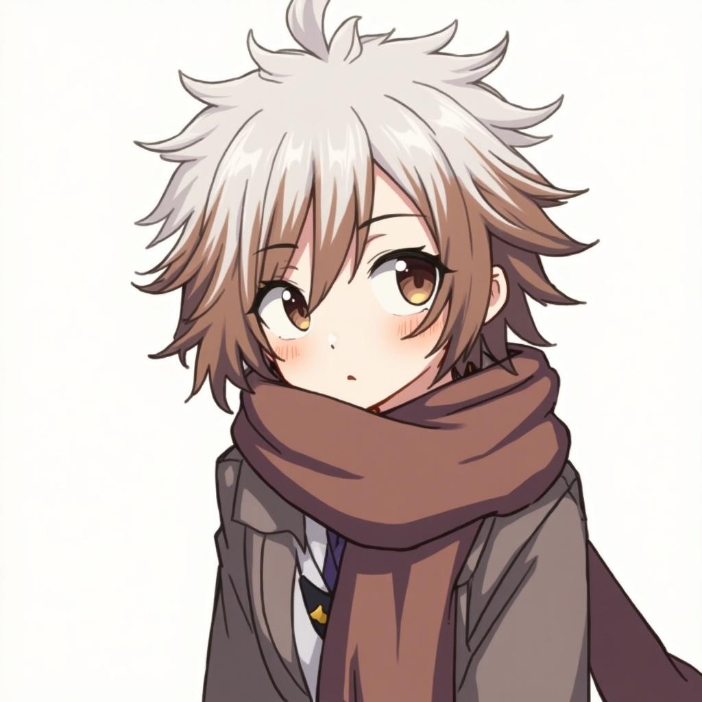 Androgynous character designed in Arcane style with fluffy brown hair, white bangs, and a scarf.