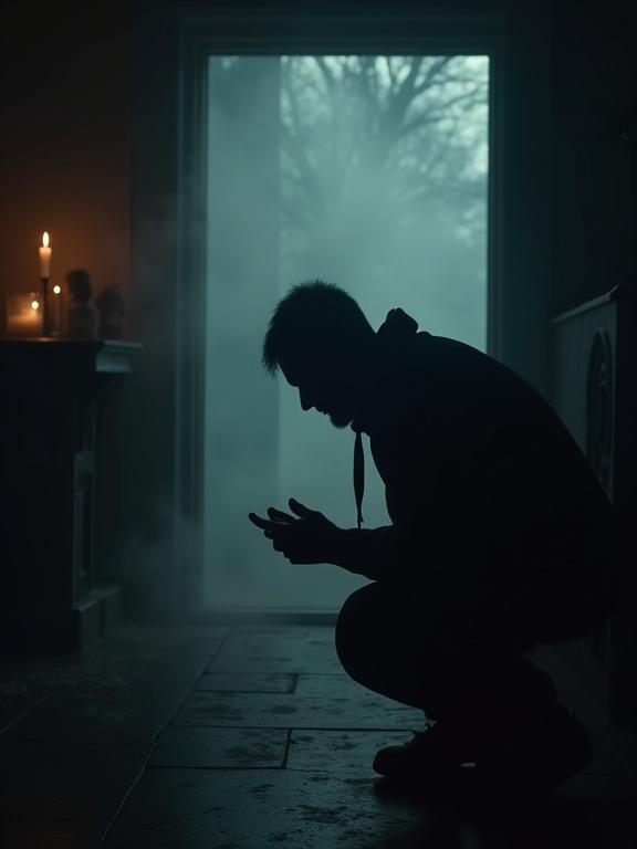 A shadowy candlelit room. A figure leans forward with hands clasped. Mysterious mist swirls in the background. Lighting is dim. Atmosphere is dramatic and suspenseful.