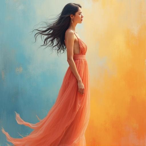 A woman standing in a flowing dress against a colorful flat background. Soft hues dominate the scene.