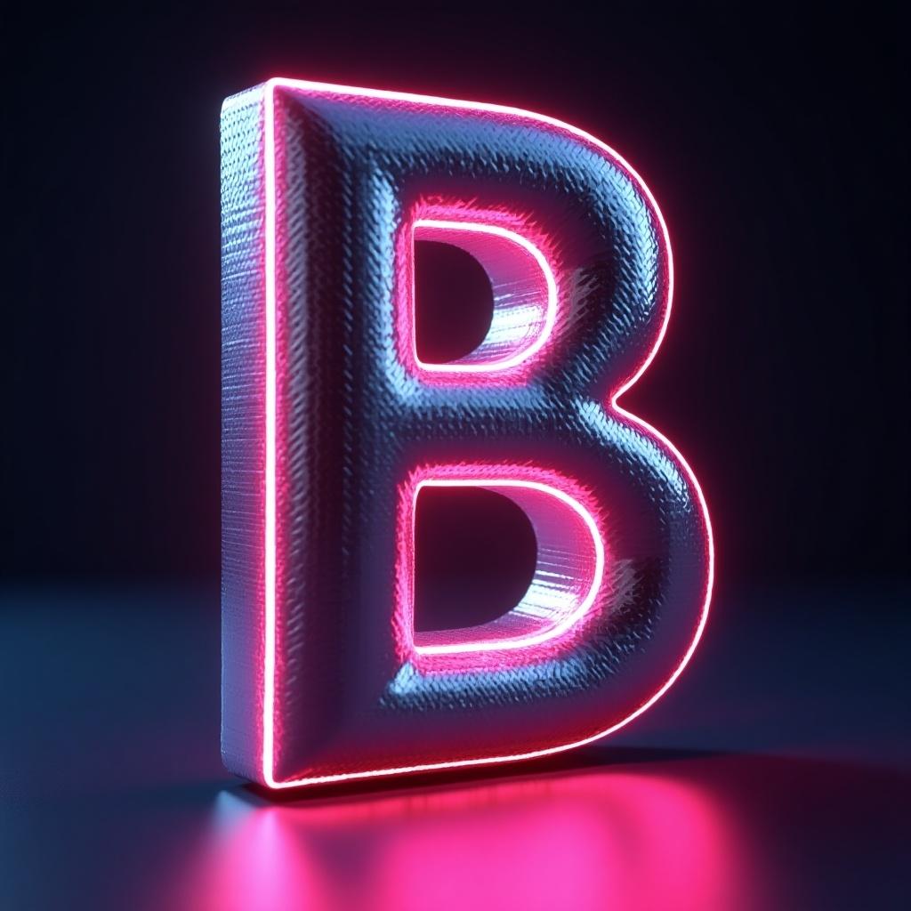 3D rendering of the letter B with a pixelated reflective surface. Vibrant neon lighting surrounds the letter.