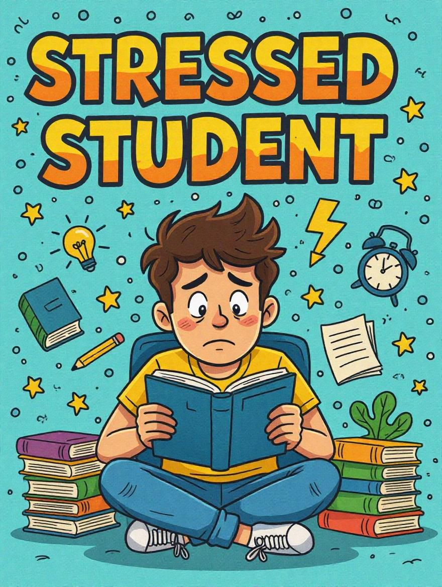 Cartoon illustration showing a stressed student reading a book. The student has a worried expression with books and school supplies around. Bright colors used in the drawing. No additional objects in the background.