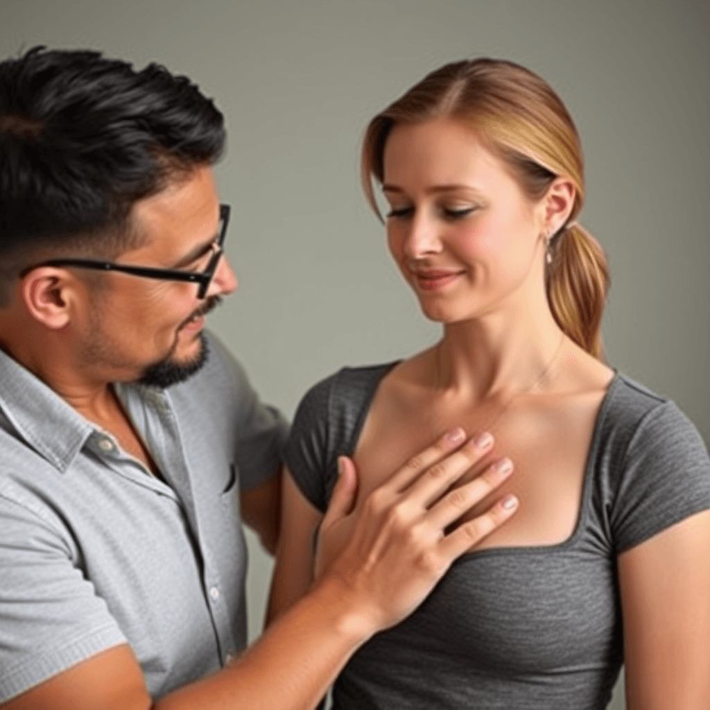 A man and a woman share a tender moment, with the man gently touching the woman's upper chest.