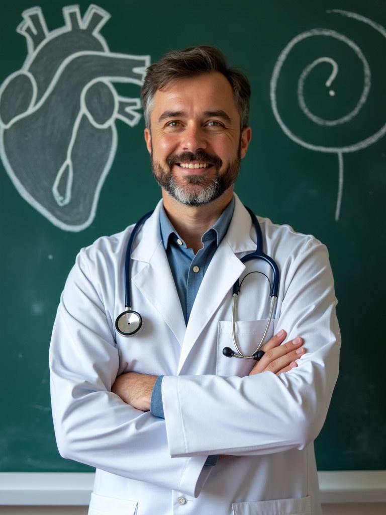 Doctor standing in front of a chalkboard. Wearing a white coat and a stethoscope. Heart diagram drawn on the board. Conveys education and professionalism.