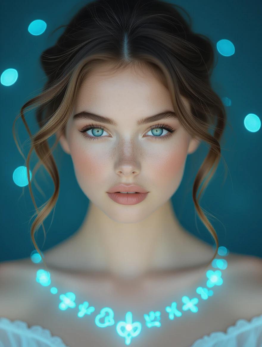 Photograph of a young woman with fair skin and striking blue-green eyes in a close-up shot. Wavy brown hair slightly messy gazing directly at the viewer. Surrounded by glowing translucent blue symbols on her skin. Bright blue light creates a magical effect. Dark, blurred background with circular light patterns for depth. The composition uses leading lines from glowing text to draw attention to her eyes. Rule of thirds applied with her face in the upper third. Glowing text adds movement and energy against her still presence. Highly detailed style with fantasy elements. Effective use of color and light for a striking effect.