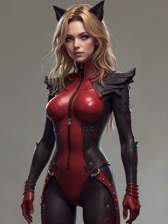 Chloe des Lysses portrayed in a detailed catsuit with a blend of black and red colors. The design includes cat ears and intricate armor-like features. Portrait captures the character with a fierce yet elegant expression.