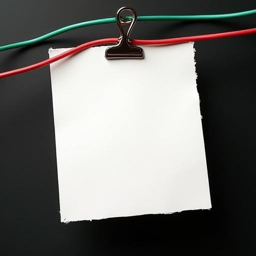 A white paper is clipped between a red and a green wire. The background is matte black. The paper appears slightly damaged and off-white. The design gives a retro feel, suited for electronics themes.