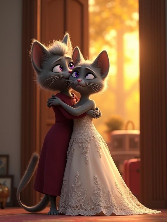 3D Pixar-style scene of an older humanoid gray cat in a burgundy dress hugging her daughter in an ivory wedding gown. Both are crying in a heartfelt goodbye at the doorway. Luggage outside indicates departure. Soft glow from warm evening sun highlights the emotional scene and detailed textures of fur and clothing.