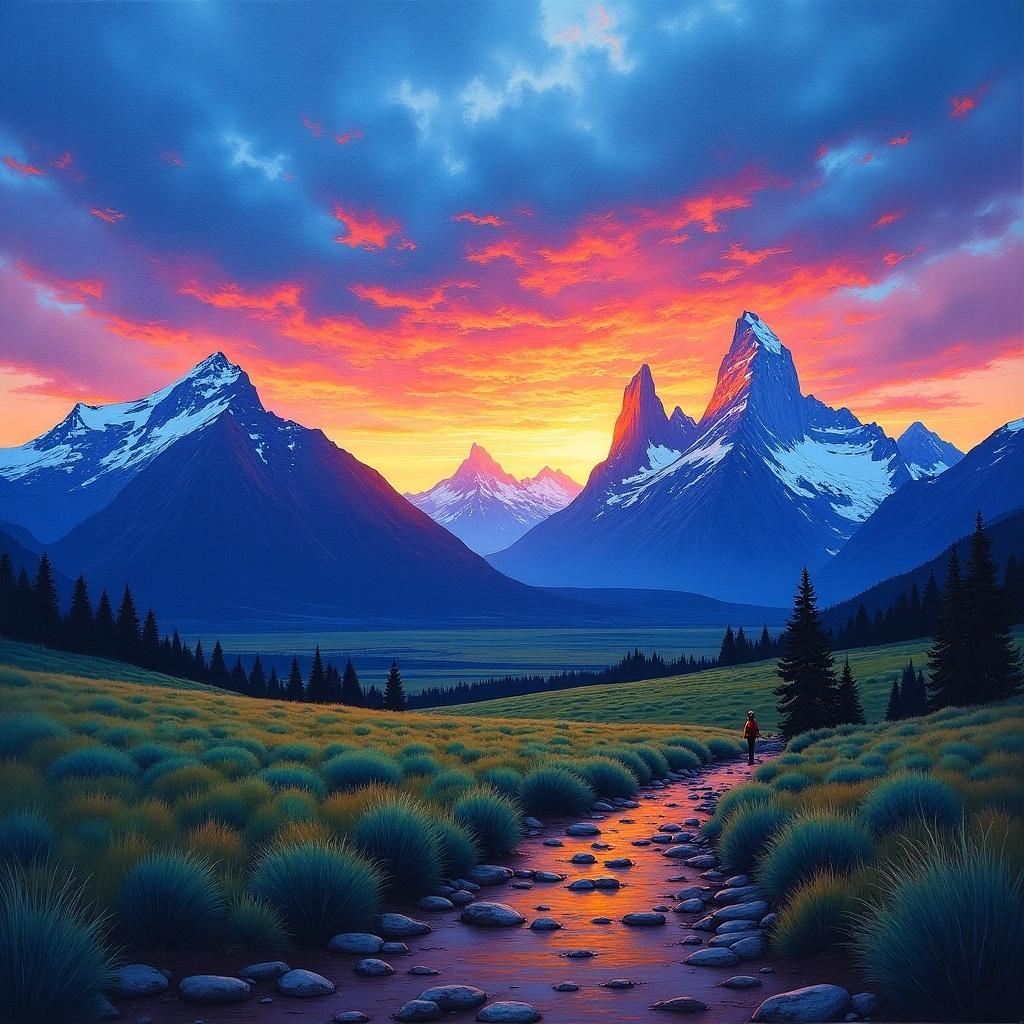 Artwork depicts imaginary landscape of mount Fitz Roy in Patagonia. Scene features dramatic sunset transitioning from blue to vibrant orange, pink, purple. Surrounded by mountains and green fields. Combines Ariel Lee painting style with brushstrokes. Evokes tranquility of alone on a nature trail.