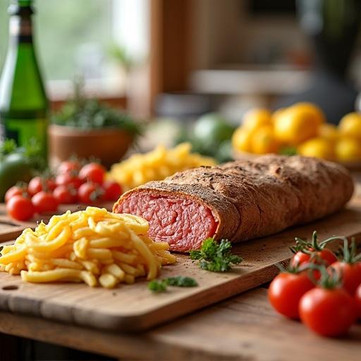 Food arrangement on a wooden board featuring sliced meat with pasta. Fresh vegetables and bottles in the background. Bright natural setting.