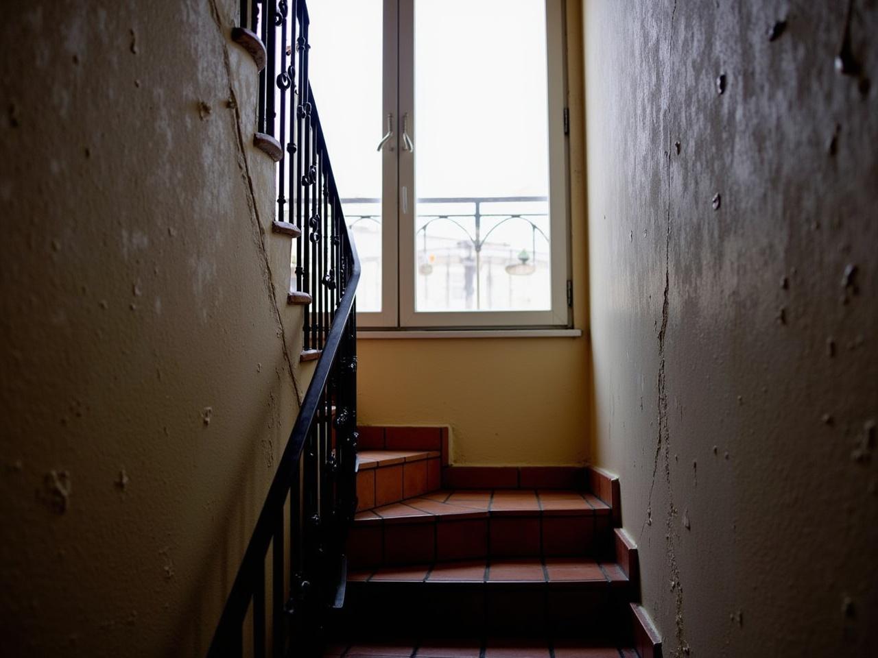 The image shows a narrow staircase leading up to a window. The walls are painted in a faded and slightly peeling manner, creating a worn appearance. Light filters in from the window, illuminating part of the staircase. The steps are made of brown tiles, and there is a black metal railing along one side. The overall atmosphere feels quiet and somewhat neglected, suggesting a practical space rather than a decorative one.