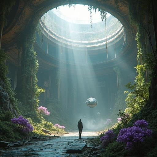Post-apocalyptic scene featuring a megastructure overgrown with alien flora. Massive circular ruins with sunlight beams piercing through. Futuristic remnants covered in vines and glowing roots. A human explorer stands on a luminous floor with a floating robot. Trees grow through the ruins.