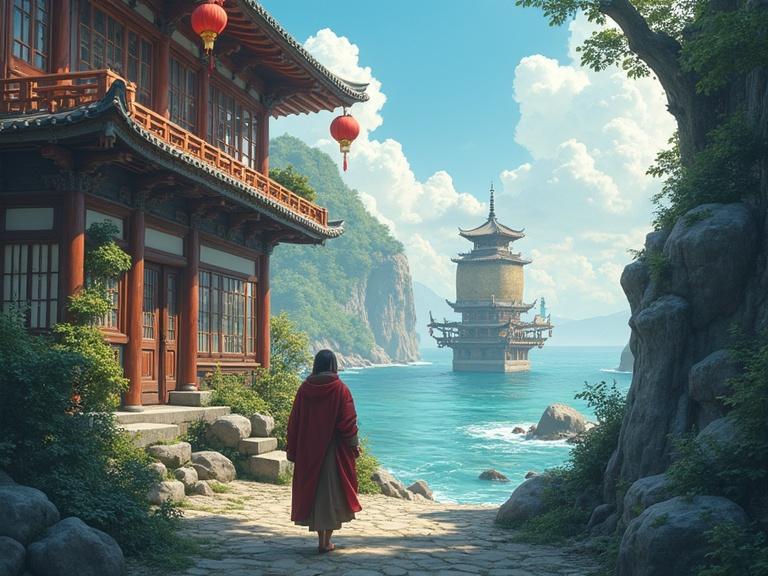 A beautiful coastal landscape featuring calm blue sea and white sandy beach. Includes traditional Asian architecture near the shore. No people in the scene. Waves are still and tranquil.
