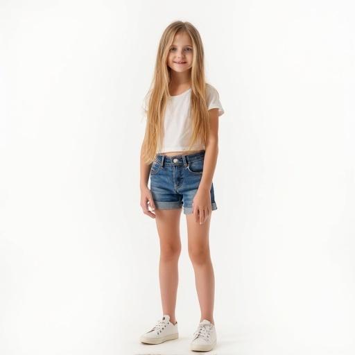 Girl stands against a white background. She wears a crop top and denim shorts. Her long straight blonde hair falls gracefully. She poses with a confident stance. Focus on her overall outfit and style.