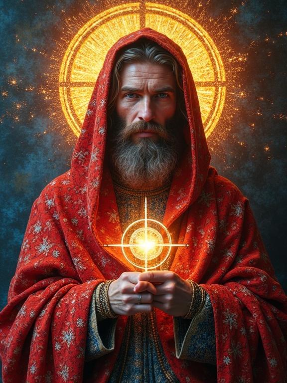 Saint depicted in vibrant attire with a glowing halo. The figure holds a central cross. Creation showcases a fusion of art styles using traditional techniques and modern molecular designs.
