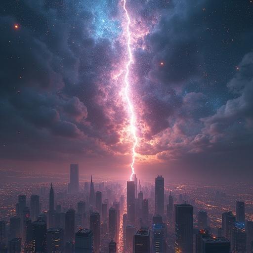 Massive crack splitting sky above futuristic city. Reveals galaxy and stars. Glowing light seeps through fracture. Surreal atmosphere with high detail. Dramatic lighting with cyberpunk influence. Mysterious celestial energy leaks from sky. Epic scale with cinematic composition.