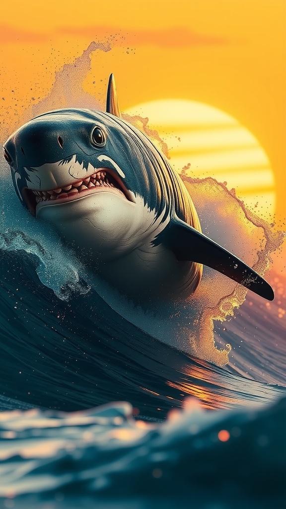 A cartoonish shark jumps through ocean waves with a vibrant sunset in the background.