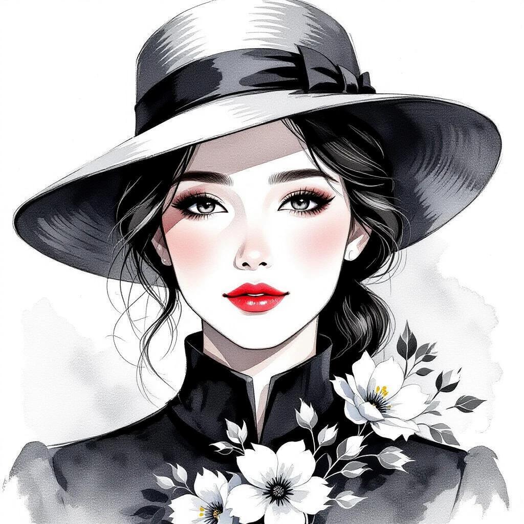 A black and white style portrait features a woman in a high-neck black top with graceful simplicity. Her hair is neatly styled, with one strand elegantly falling on one side of her face, adding dynamism. The background is a solid color, focusing on the subject. The overall atmosphere conveys tranquility and artistic elegance, evoking feelings of contemplation and grace.