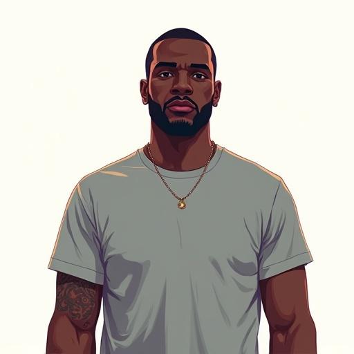 Digital illustration of a black male character. Character faces the camera directly. Solid color t-shirt worn. Chest and head only shown. Bright lighting with no shadows. No background. Flat colors used without gradients. 4-bit art style.
