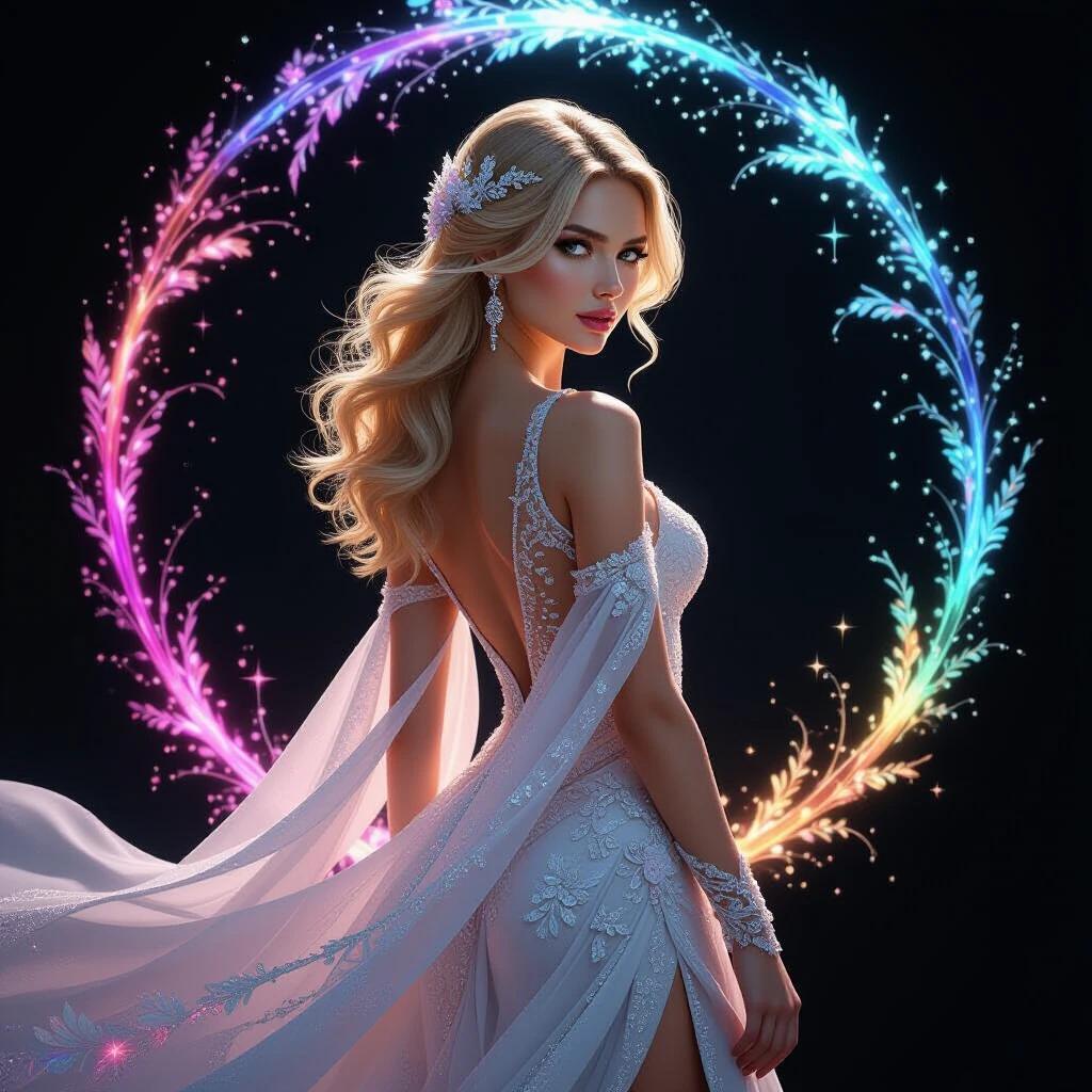 A woman with blonde hair wears elegant attire. She looks over her shoulder with confidence. A colorful swirling aura surrounds her. The background is black. The scene feels magical and enchanting.