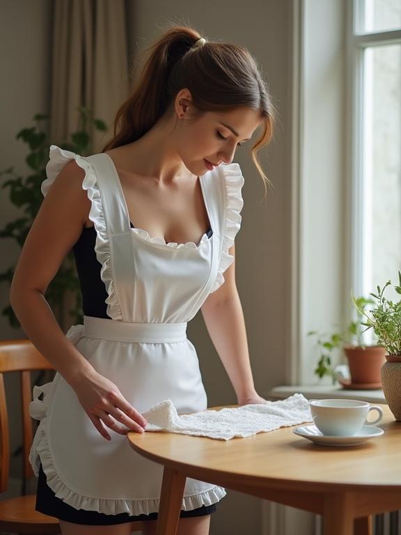 Beautiful married woman in a maid uniform cleaning a coffee table. She is standing and bending slightly. The setting is light and airy with natural light. The maid uniform is white with ruffles, and she has a large bust. There is a cup of coffee on the table.