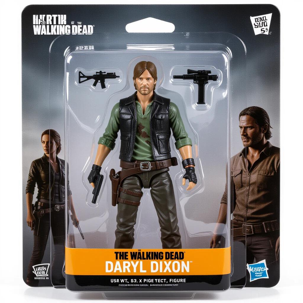 A packaged action figure of Daryl Dixon. Figure is behind a clear plastic bubble. Blister card design by McFarlane Toys. The figure represents the character from The Walking Dead.