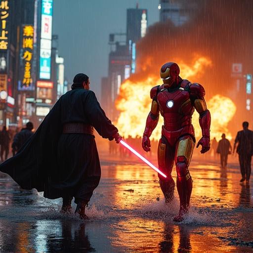 Raining pours hard. Rey Skywalker confronts Iron Man in urban Tokyo. Rey wields lightsaber. Iron Man with battle damage. Scene filled with explosions and chaos. People running scared. Neon billboards glow brightly. Low angle perspectives capture wet reflections. Mamiya lens at f/4. High dynamic range highlights details.
